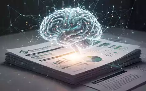 Ein stilisiertes, leuchtendes neuronales Netz verschmilzt mit Nachhaltigkeitsberichten und Prüfungsdokumenten, symbolisierend KI in Compliance. - Foto: über boerse-global.de