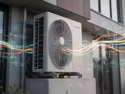 Eine moderne Wärmepumpe, die in einem Gebäude installiert ist, mit digitalen Schemata, die Energieflüsse darstellen. - Foto: über boerse-global.de