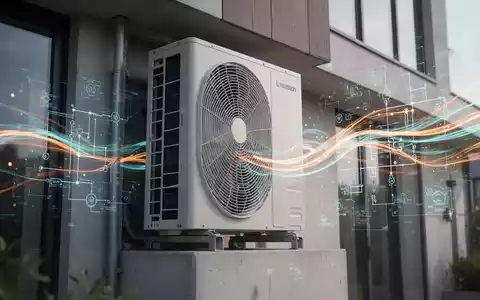 Eine moderne Wärmepumpe, die in einem Gebäude installiert ist, mit digitalen Schemata, die Energieflüsse darstellen. - Foto: über boerse-global.de