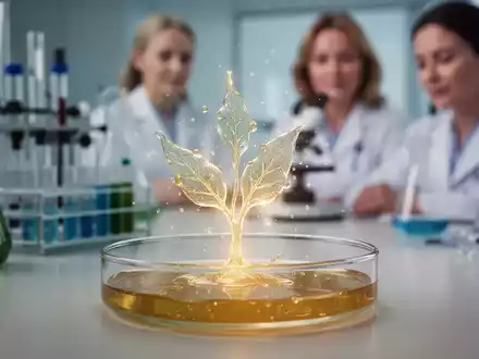 Ein stilisiertes Bild einer Petrischale mit einem leuchtenden Pflanzenextrakt und verschwommenem Laborhintergrund, der Forschung und Gesundheit symbolisiert. - Foto: über boerse-global.de