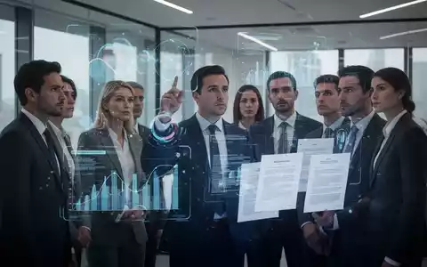 Geschäftsleute in einem modernen Büro betrachten eine holografische Schnittstelle mit digitalen Vorschriften und Daten, die EU-Verordnungen symbolisieren. - Foto: über boerse-global.de