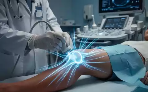 Nahaufnahme einer Ultraschalluntersuchung an einem Kniegelenk, wobei blaue Wellen die technologische Heilung symbolisieren. - Foto: über boerse-global.de