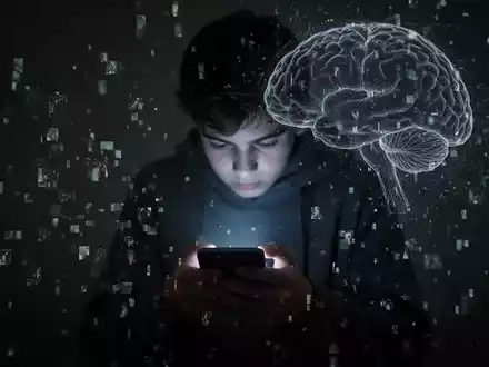 Ein verschwommenes Bild eines Jugendlichen, der über einem leuchtenden Smartphone gebeugt ist, umgeben von fragmentierten digitalen Daten und einer Gehirnkontur. - Foto: über boerse-global.de