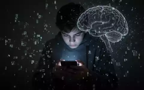 Ein verschwommenes Bild eines Jugendlichen, der über einem leuchtenden Smartphone gebeugt ist, umgeben von fragmentierten digitalen Daten und einer Gehirnkontur. - Foto: über boerse-global.de