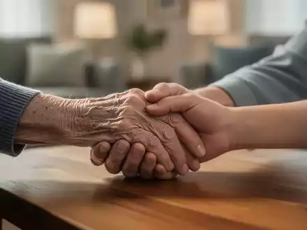 Eine ältere, faltige Hand hält sanft eine jüngere Hand auf einem Holztisch, im Hintergrund ein unscharfes Wohnzimmer. - Foto: über boerse-global.de