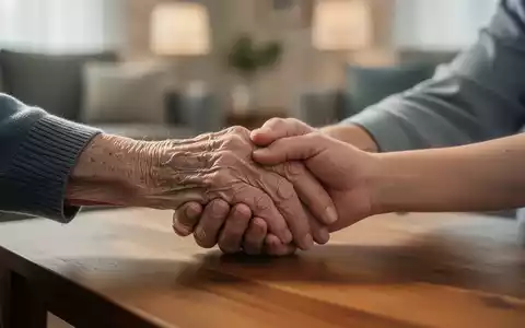 Eine ältere, faltige Hand hält sanft eine jüngere Hand auf einem Holztisch, im Hintergrund ein unscharfes Wohnzimmer. - Foto: über boerse-global.de