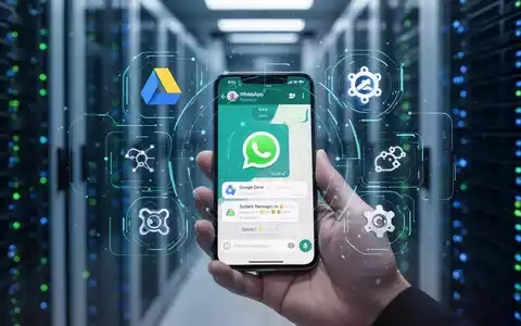 A smartphone displaying a WhatsApp chat, with abstract digital icons for Google Drive and system settings overlaid. A blurred data center is in the background. - Foto: über boerse-global.de