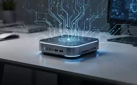A glowing, futuristic mini PC on a desk, with subtle blue light and neural network patterns symbolizing AI processing. - Foto: über boerse-global.de