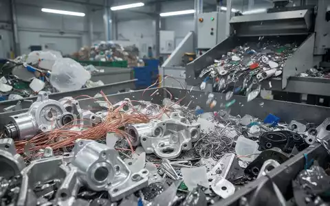 Nahaufnahme von sortierten Autoteilen aus Aluminium, Kupfer und Kunststoff in einer modernen Recyclinganlage, die die Kreislaufwirtschaft symbolisiert. - Foto: über boerse-global.de