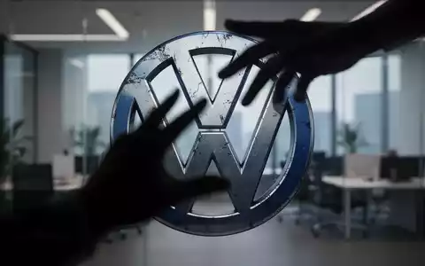 Eine Hand deutet einen Schnitt über einem leicht verblassten Volkswagen-Logo an, im Hintergrund ein unscharfes Büro. - Foto: über boerse-global.de