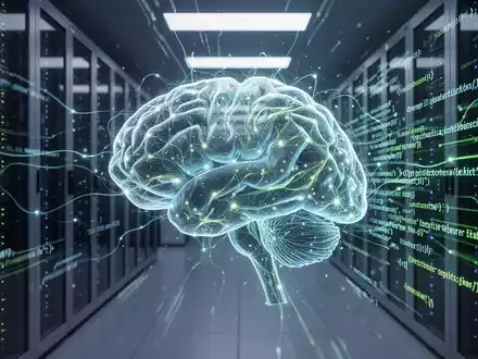 A glowing, interconnected AI brain surrounded by abstract code and data streams, set against server racks in a modern data center. - Foto: über boerse-global.de