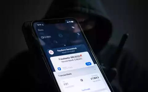 Ein Smartphone zeigt eine gefälschte Banking-App mit einer Betrugswarnung; im unscharfen Hintergrund ist schemenhaft ein Betrüger zu sehen. - Foto: über boerse-global.de