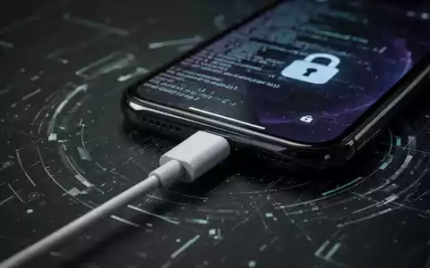 Ein älteres iPhone-Modell ist über ein USB-Kabel mit einer abstrakten, digitalen Oberfläche verbunden, die eine Hardware-Schwachstelle symbolisiert. - Foto: über boerse-global.de