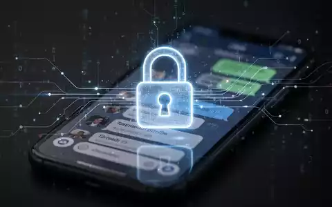 Ein stilisiertes, leuchtendes Vorhängeschloss-Symbol über einem Smartphone-Bildschirm mit Chat-Nachrichten, umgeben von digitalen Mustern. - Foto: über boerse-global.de