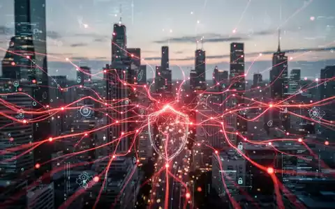Digital red lines representing a cyberattack on a city's network, with a blurred cityscape in the background. - Foto: über boerse-global.de