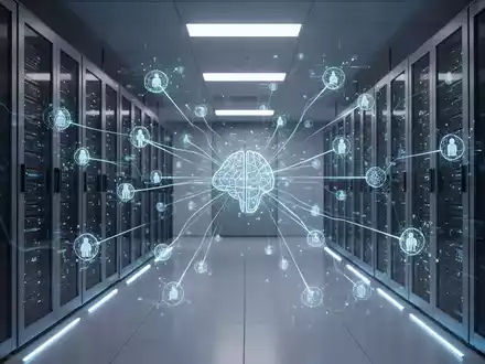 A futuristic server room with glowing blue data lines, symbolizing AI agents automating software development and app creation. - Foto: über boerse-global.de