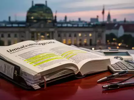 Ein offenes deutsches Steuergesetzbuch (Umsatzsteuergesetz) mit einem Taschenrechner und Stift auf einem Schreibtisch. - Foto: über boerse-global.de