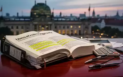 Ein offenes deutsches Steuergesetzbuch (Umsatzsteuergesetz) mit einem Taschenrechner und Stift auf einem Schreibtisch. - Foto: über boerse-global.de