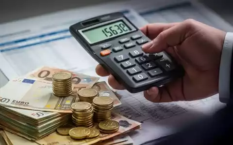 Eine Hand hält einen Taschenrechner über Stapeln von Euro-Banknoten und Münzen, mit einem unscharfen Finanzdokument im Hintergrund. - Foto: über boerse-global.de