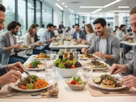 Mitarbeiter essen gesunde Mahlzeiten in einer modernen Betriebskantine, die eine positive Arbeitsumgebung widerspiegelt. - Foto: über boerse-global.de
