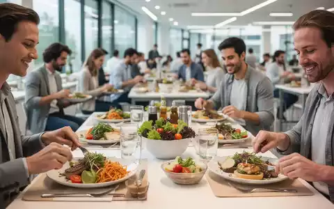 Mitarbeiter essen gesunde Mahlzeiten in einer modernen Betriebskantine, die eine positive Arbeitsumgebung widerspiegelt. - Foto: über boerse-global.de