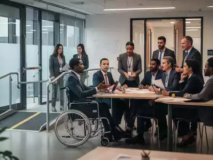 Eine Gruppe von Fachleuten in einem modernen Büro, eine Person im Rollstuhl nimmt an einem Meeting teil, was Inklusion und Zugänglichkeit symbolisiert. - Foto: über boerse-global.de