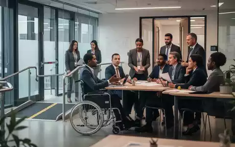 Eine Gruppe von Fachleuten in einem modernen Büro, eine Person im Rollstuhl nimmt an einem Meeting teil, was Inklusion und Zugänglichkeit symbolisiert. - Foto: über boerse-global.de