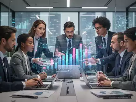Geschäftsleute in einem modernen Büro interagieren mit einer holografischen Anzeige, die komplexe Daten visualisiert, um Meta-Skills in der KI-Ära darzustellen. - Foto: über boerse-global.de