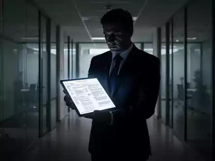 Eine schattenhafte Gestalt in einem Anzug steht in einem schwach beleuchteten Bürokorridor und hält ein leuchtendes Tablet. - Foto: über boerse-global.de