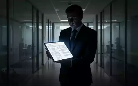 Eine schattenhafte Gestalt in einem Anzug steht in einem schwach beleuchteten Bürokorridor und hält ein leuchtendes Tablet. - Foto: über boerse-global.de