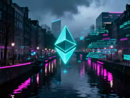 Futuristische Stadtlandschaft im Stil von Amsterdam mit Ethereum-Symbolen und Code, die über Grachten schweben. - Foto: über boerse-global.de