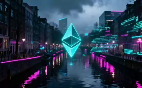Futuristische Stadtlandschaft im Stil von Amsterdam mit Ethereum-Symbolen und Code, die über Grachten schweben. - Foto: über boerse-global.de
