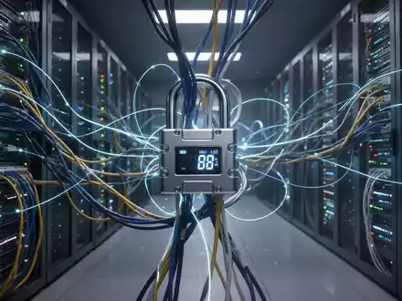 A digital padlock intertwined with network cables, glowing lines connecting server racks in a futuristic data center. - Foto: über boerse-global.de
