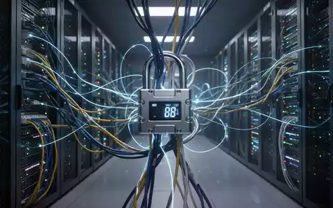A digital padlock intertwined with network cables, glowing lines connecting server racks in a futuristic data center. - Foto: über boerse-global.de