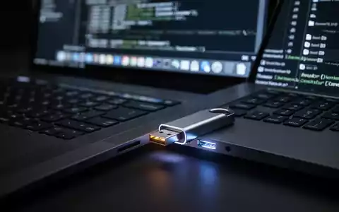 A close-up of a USB drive plugged into a laptop keyboard, with a blurred screen in the background showing technical code. - Foto: über boerse-global.de