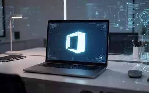 A glowing Microsoft Office logo on a laptop screen on a modern, minimalist office desk, symbolizing productivity and digital work. - Foto: über boerse-global.de