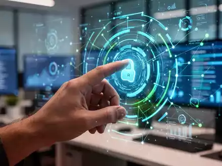 Hand interacting with a holographic interface showing system management data and productivity tools, with a blurred office background. - Foto: über boerse-global.de