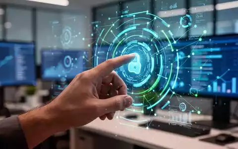 Hand interacting with a holographic interface showing system management data and productivity tools, with a blurred office background. - Foto: über boerse-global.de