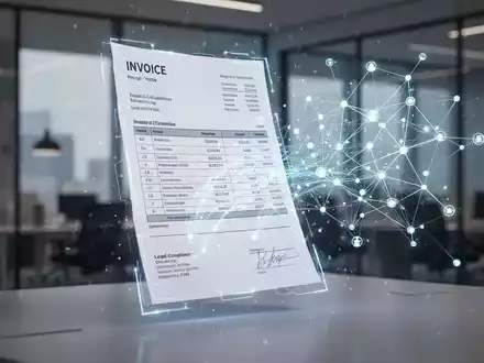 Ein stilisiertes, leuchtendes digitales Rechnungsdokument mit Daten, die in ein komplexes Netzwerk von verbundenen Knoten fließen. - Foto: über boerse-global.de