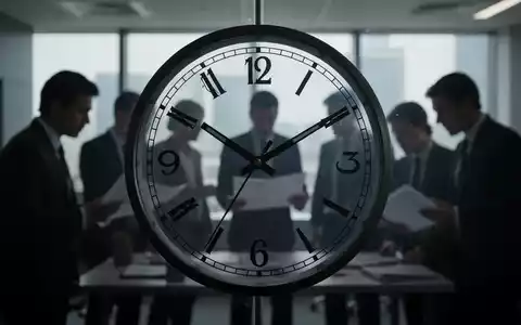Eine stilisierte Uhr im Vordergrund, die acht Stunden anzeigt, mit verschwommenen Büroarbeitern im Hintergrund, die Dokumente prüfen. - Foto: über boerse-global.de