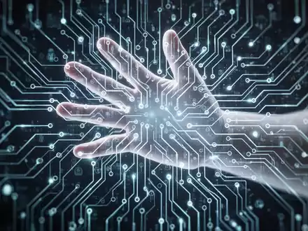 Eine stilisierte, leuchtende neuronale Netzwerkgrafik überlagert von der Silhouette einer menschlichen Hand, die nach vorne greift. - Foto: über boerse-global.de