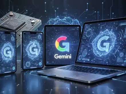 Apple devices (iPhone, iPad, MacBook) with glowing AI interfaces and a subtle Google Gemini logo, symbolizing tech partnership. - Foto: über boerse-global.de