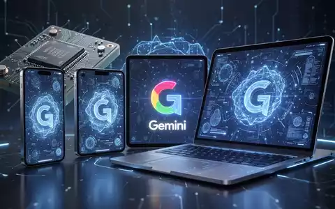 Apple devices (iPhone, iPad, MacBook) with glowing AI interfaces and a subtle Google Gemini logo, symbolizing tech partnership. - Foto: über boerse-global.de