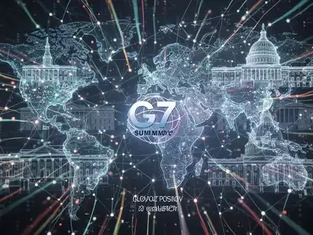 Digital network with glowing data streams and outlines of government buildings, representing AI policy and international lobbying. - Foto: über boerse-global.de