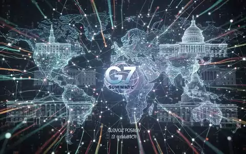 Digital network with glowing data streams and outlines of government buildings, representing AI policy and international lobbying. - Foto: über boerse-global.de