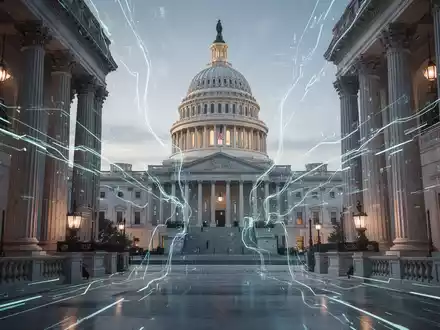 A futuristic courthouse with glowing digital lines superimposed over the US Capitol, symbolizing AI regulation. - Foto: über boerse-global.de