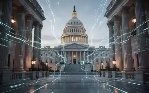A futuristic courthouse with glowing digital lines superimposed over the US Capitol, symbolizing AI regulation. - Foto: über boerse-global.de