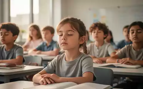 Kinder und Jugendliche in einem hellen Klassenzimmer, die gemeinsam Achtsamkeitsübungen praktizieren, mit ruhigen, konzentrierten Gesichtern. - Foto: über boerse-global.de