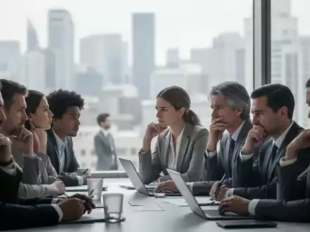 Geschäftsleute in einem modernen Büro, die nachdenklich wirken und Resilienz und Selbstmanagement inmitten wirtschaftlicher Unsicherheit symbolisieren. - Foto: über boerse-global.de