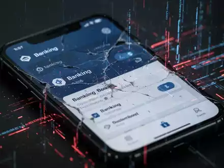 Nahaufnahme eines Smartphone-Bildschirms mit einer verzerrten Banking-App-Oberfläche, die eine digitale Bedrohung darstellt. - Foto: über boerse-global.de